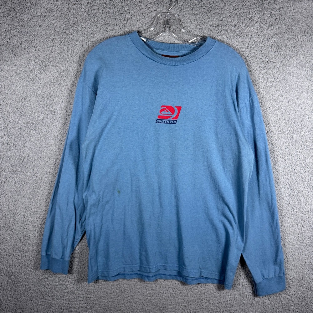 Y2K Quiksilver Men Blue Long Sleeve Graphic T-Shirt Surf Skate Logo Medium 2000s